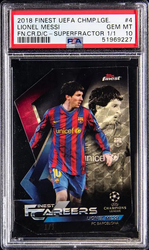 2018-19 Topps Finest UCL Finest Careers Die-Cut SuperFractor #4 Lionel Messi (#1/1) - PSA GEM MT 10