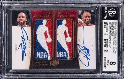 2009-10 Upper Deck Exquisite Collection All-NBA Access Dual Logos Autographs #DL-CM Tracy McGrady/Vince Carter Dual-Signed Game-Used Logoman Patch Card (#1/1) - McGrady's Jersey Number - BGS NM-MT 8, 