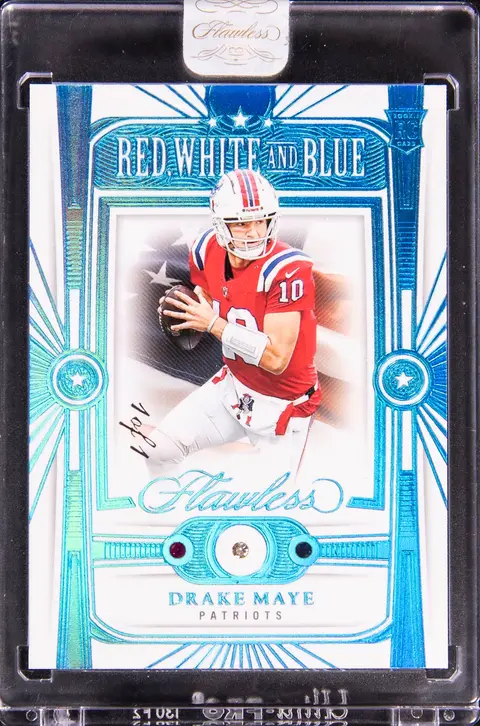 2024 Panini Flawless Red, White And Blue #5 Drake Maye Gem Relic Rookie Card (#1/1) - Panini Encased