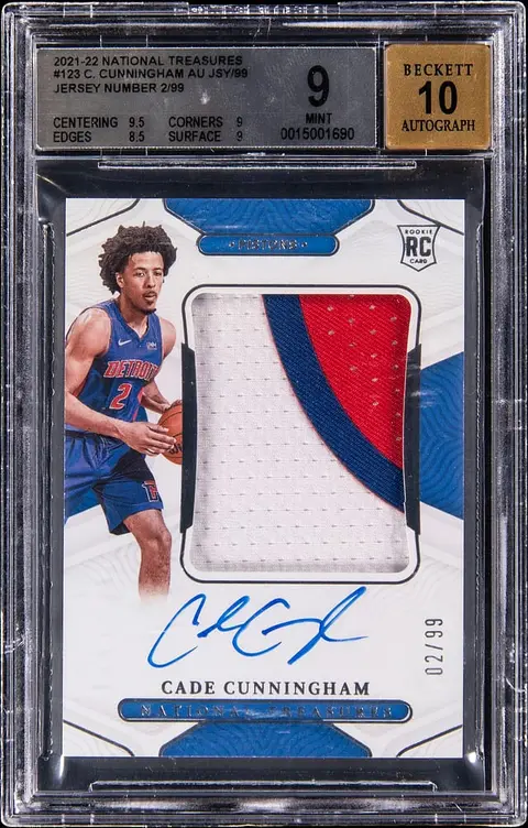 2021-22 Panini National Treasures Rookie Patch Autograph (RPA) #123 Cade Cunningham Signed Patch Rookie Card (#02/99) - Jersey Number - BGS MINT 9, Beckett 10