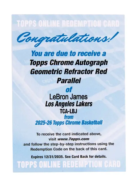 2025-26 Topps Chrome Autographs Red Geometric Refractor #TCA-LBJ LeBron James Signed Card (#/5) - Redemption Card