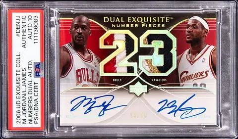 2006-07 Upper Deck Exquisite Collection Number Pieces Dual Autographs #DEN-JJ Michael Jordan/LeBron James Dual-Signed Game-Used Patch Card (#13/23) - PSA Authentic, PSA/DNA GEM MT 10