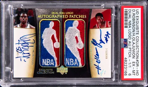 2004-05 Upper Deck Exquisite Collection Dual NBA Logo Autograph Patches #DR-HO David Robinson/Hakeem Olajuwon Dual-Signed Game-Used Logoman Patch Card (#1/1) - PSA EX-MT 6