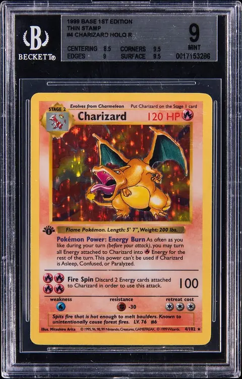 1999 Pokemon Base Set 1st Edition Holo #4 Charizard, Thin Stamp - BGS MINT 9