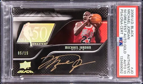 2008-09 Upper Deck Black 50 Greatest Autographs Gold #50AU-JO Michael Jordan Signed Card (#05/15) - PSA Authentic, PSA/DNA GEM MT 10