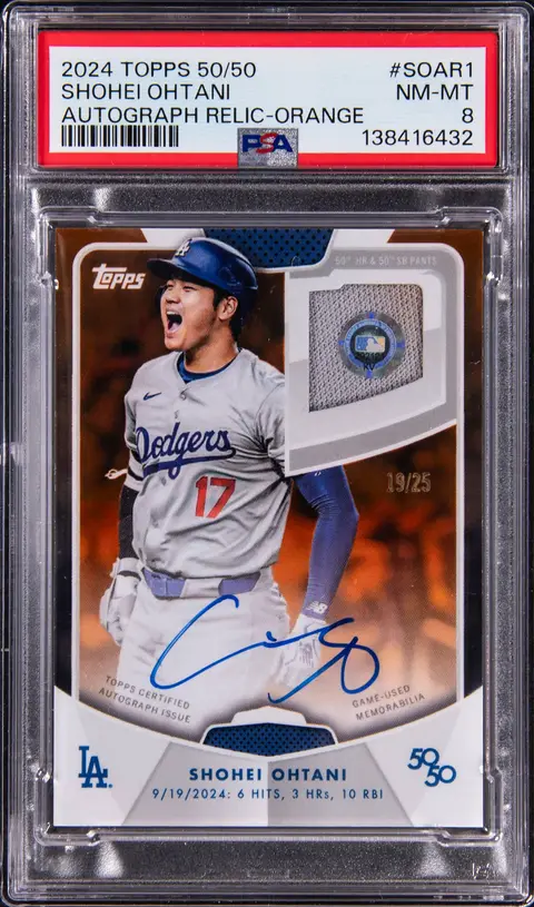 2024 Topps 50/50 Shohei Ohtani Autograph Relic Orange #SOAR-1 Shohei Ohtani Signed Game-Used Pants Relic Card (#19/25) - Used in Historic 50/50 Game on Sept. 19, 2024 - 6 Hits, 3 HRs, 10 RBI - PSA NM-MT 8 - Pop 1