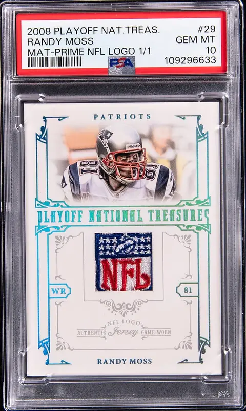 2008 Playoff National Treasures Materials Prime NFL Logo #29 Randy Moss NFL Shield Patch Card (#1/1) - PSA GEM MT 10