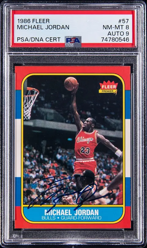 1986-87 Fleer #57 Michael Jordan Signed Rookie Card - PSA NM-MT 8, PSA/DNA MINT 9, UDA, JSA LOA