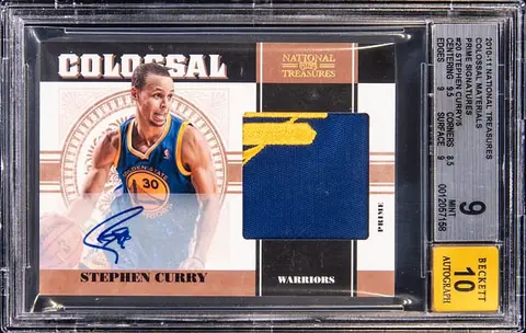2010-11 Panini National Treasures Colossal Materials Prime Signatures #20 Stephen Curry Signed Patch Card (#3/5) - BGS MINT 9, Beckett 10
