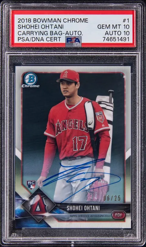 2018 Bowman Chrome Autographs #1 Shohei Ohtani, Carrying Bag Signed Rookie Card (#06/25) - PSA GEM MT 10, PSA/DNA GEM MT 10 - Pop 4