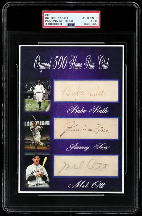 Babe Ruth, Jimmie Foxx, Mel Ott Original 500-Home Run Club Multi-Signed Cut Display - PSA/DNA Authentic