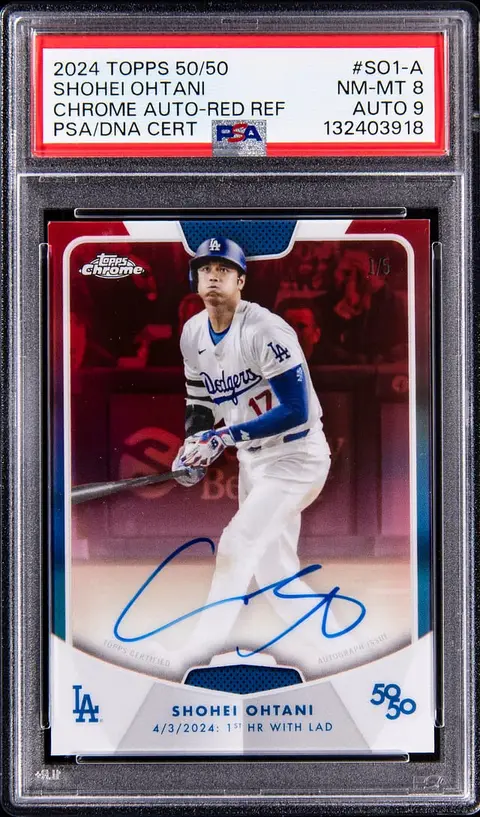 2024 Topps 50/50 Shohei Ohtani Chrome Autographs Red Refractor #SO1-A Shohei Ohtani Signed Card (#1/5) - PSA NM-MT 8, PSA/DNA MINT 9