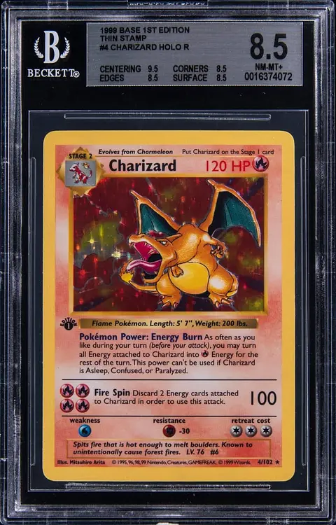 1999 Pokemon Base Set 1st Edition Holo #4 Charizard, Thin Stamp - BGS NM-MT+ 8.5
