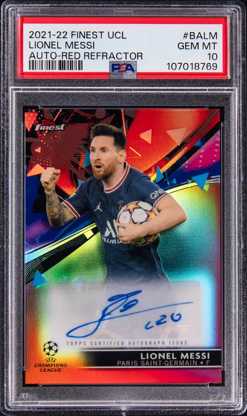 2021-22 Topps Finest UCL Autograph Red Refractor #BA-LM Lionel Messi Signed Card (#4/5) - PSA GEM MT 10 - Pop 1