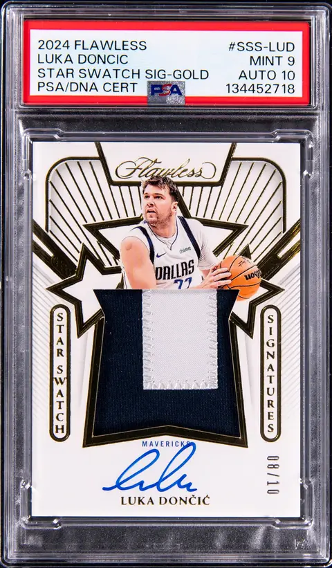 2023-24 Panini Flawless Star Swatch Signatures Gold '24-25 Flawless Update #SSS-LUD Luka Doncic Signed Patch Card (#08/10) - PSA MINT 9, PSA/DNA GEM MT 10 - Pop 2