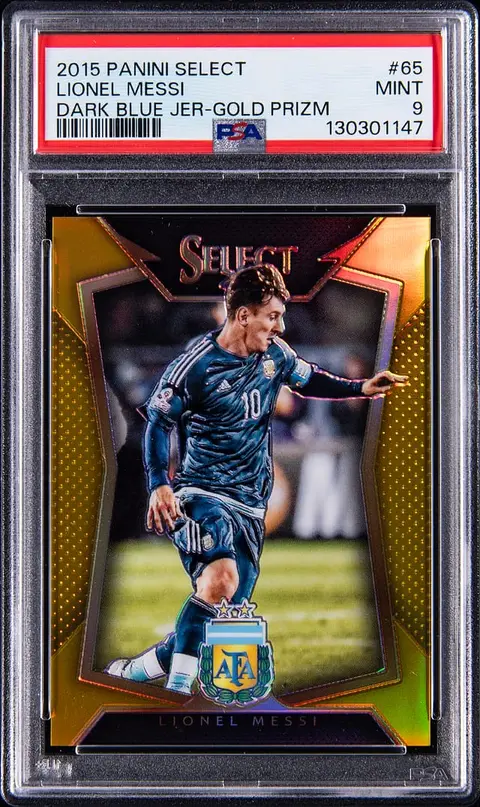 2015-16 Panini Select Gold Prizm #65 Lionel Messi, Dark Blue Jersey (#02/10) - PSA MINT 9 - Pop 2