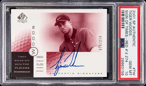 2001 Upper Deck SP Authentic Sign Of Times Red #TW Tiger Woods Signed Card (#079/274) - PSA GEM MT 10