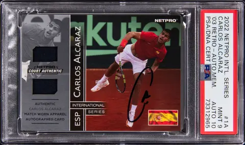 2022 NetPro International Series '03 Retro Autograph Match-Worn Memorabilia #1A Carlos Alcaraz Signed Relic Rookie Card (#40/50) - PSA MINT 9, PSA/DNA GEM MT 10