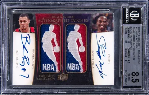 2009-10 Upper Deck Exquisite Collection All-NBA Access Dual Logo Autographs #DL-RB Kobe Bryant/Brandon Roy Dual-Signed Game-Used Logoman Patch Card (#1/1) - BGS NM-MT+ 8.5, Beckett 10