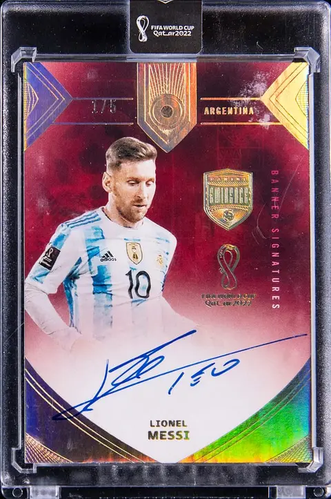 2022 Panini Eminence World Cup Banner Signatures Gold #BS-LEO Lionel Messi Signed Diamond Relic Card (#1/5) - Panini Encased