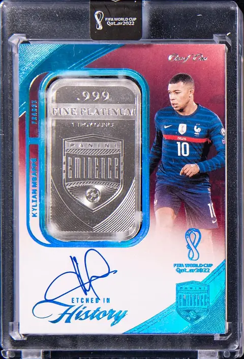2022 Panini Eminence FIFA World Cup Etched In History Platinum #EH-KM Kylian Mbappe Signed Platinum Bar Relic Card (#1/1) - Panini Encased
