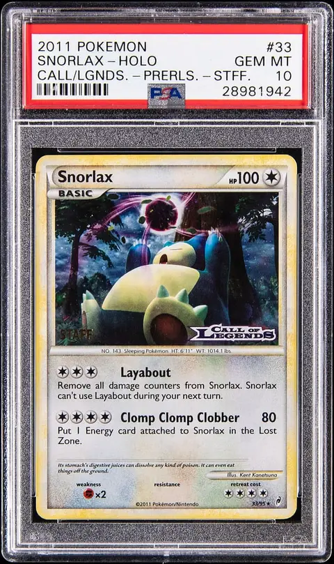 2011 Pokemon Call of Legends Prerelease Staff Holo #33 Snorlax - PSA GEM MT 10