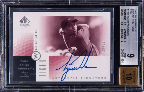 2001 Upper Deck SP Authentic Sign of The Times Red #TW Tiger Woods Signed Rookie Card (#32/65) - BGS MINT 9, Beckett 10