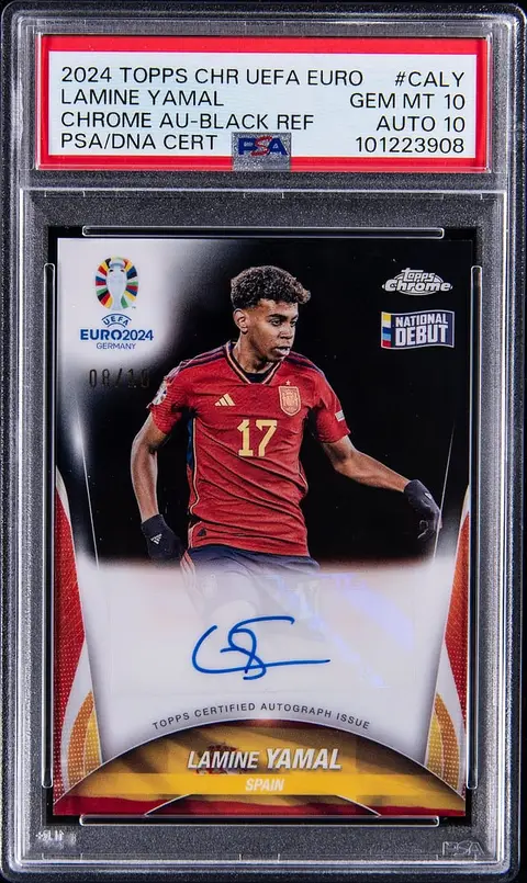 2024 Topps Chrome UEFA Euro Autograph Black Refractor #CA-LY Lamine Yamal Signed Rookie Card (#08/10) - PSA GEM MT 10, PSA/DNA GEM MT 10 - Pop 1