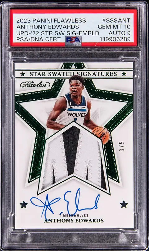 2023-24 Panini Flawless Update '22-23 Star Swatch Signatures Emerald #SSS-ANT Anthony Edwards Signed Patch Card (#3/5) - PSA GEM MT 10, PSA/DNA MINT 9 - Pop 1